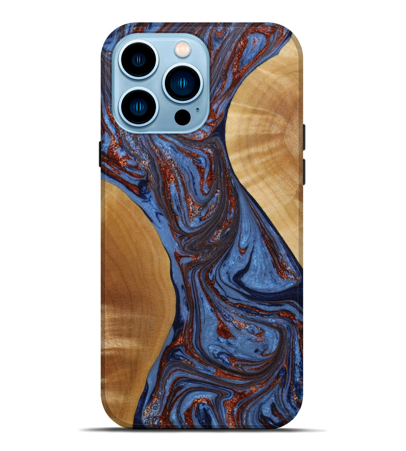 iPhone 14 Pro Max Wood+Resin Live Edge Phone Case - Malcolm (Teal & Gold, 647624)