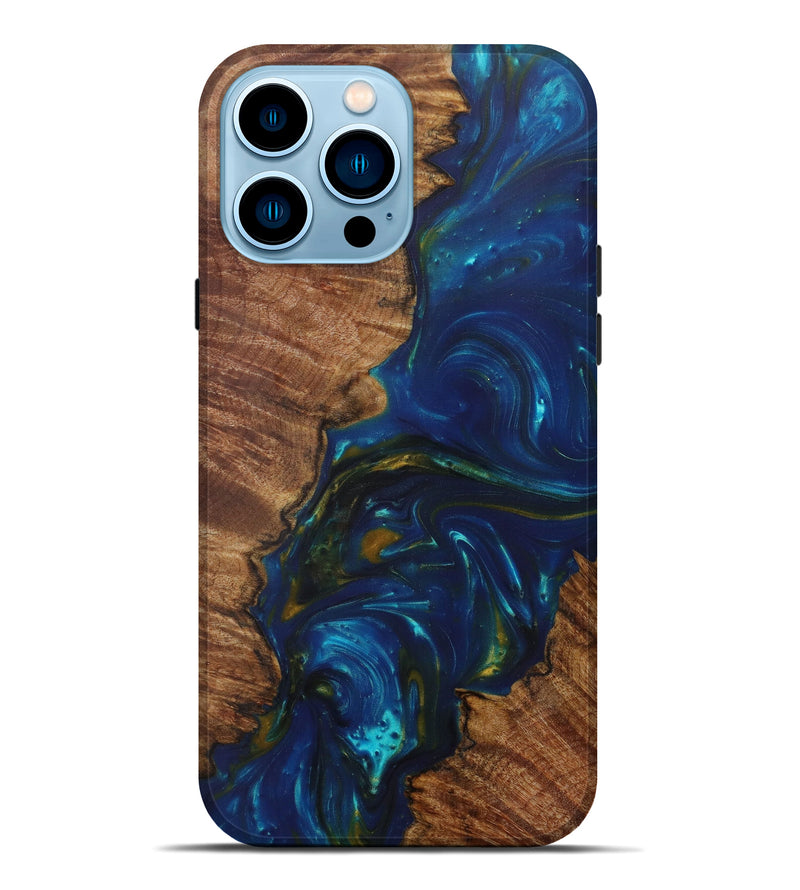 iPhone 14 Pro Max Wood+Resin Live Edge Phone Case - Ruperta (Teal & Gold, 586109)