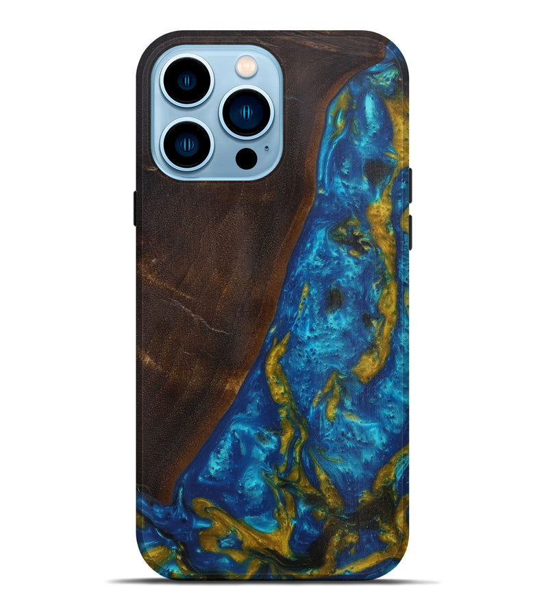 iPhone 14 Pro Max Wood+Resin Live Edge Phone Case - Venkatakrishna (Teal & Gold, 594819)