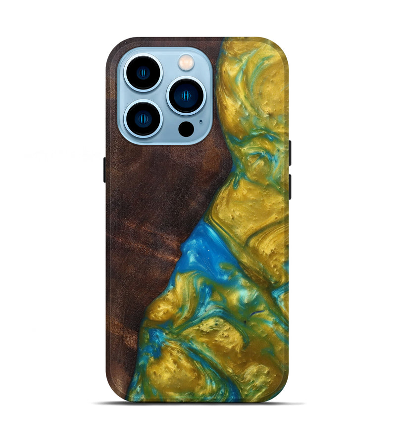iPhone 14 Pro Wood+Resin Live Edge Phone Case - Spencer (Teal & Gold, 621638)