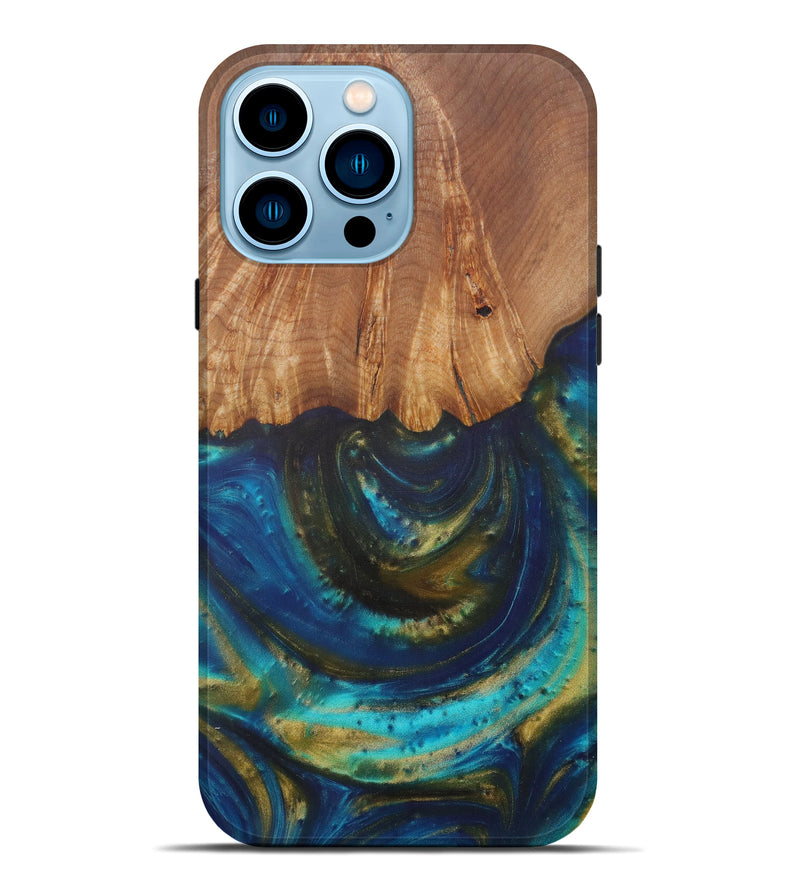 iPhone 14 Pro Max Wood+Resin Live Edge Phone Case - Aybars (Teal & Gold, 590682)