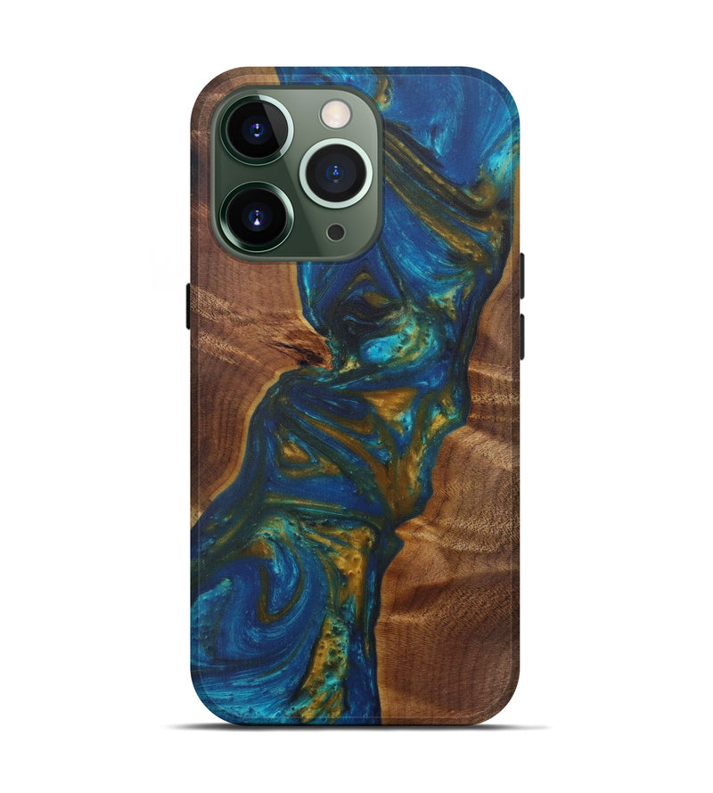 iPhone 13 Pro Wood+Resin Live Edge Phone Case - Wojciech (Teal & Gold, 592361)