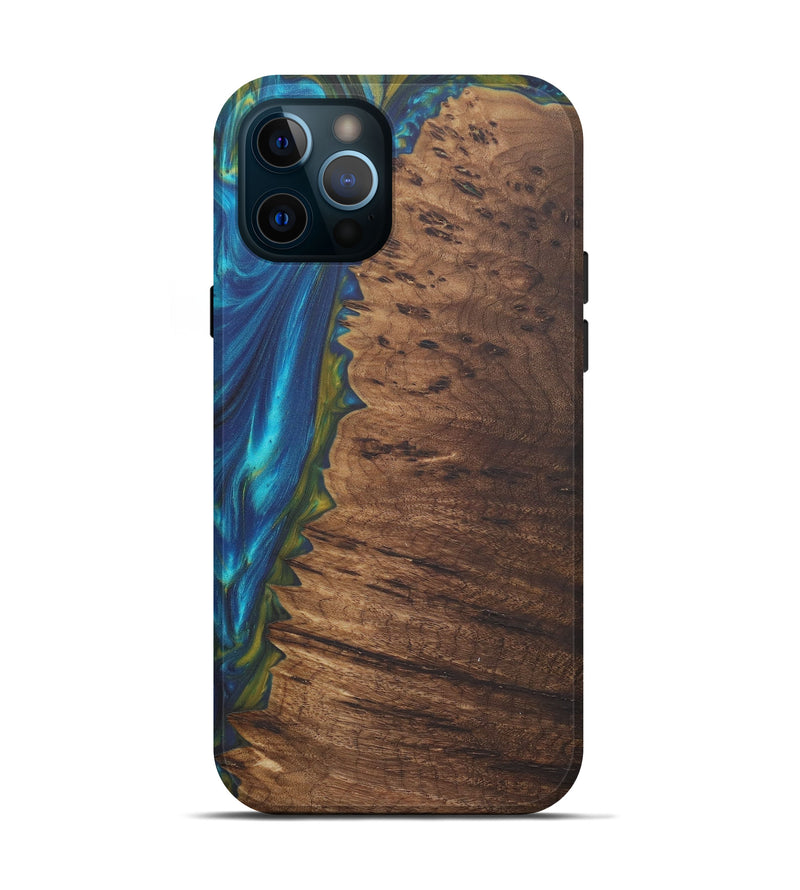 iPhone 12 Pro Wood+Resin Live Edge Phone Case - Benthem (Teal & Gold, 575518)