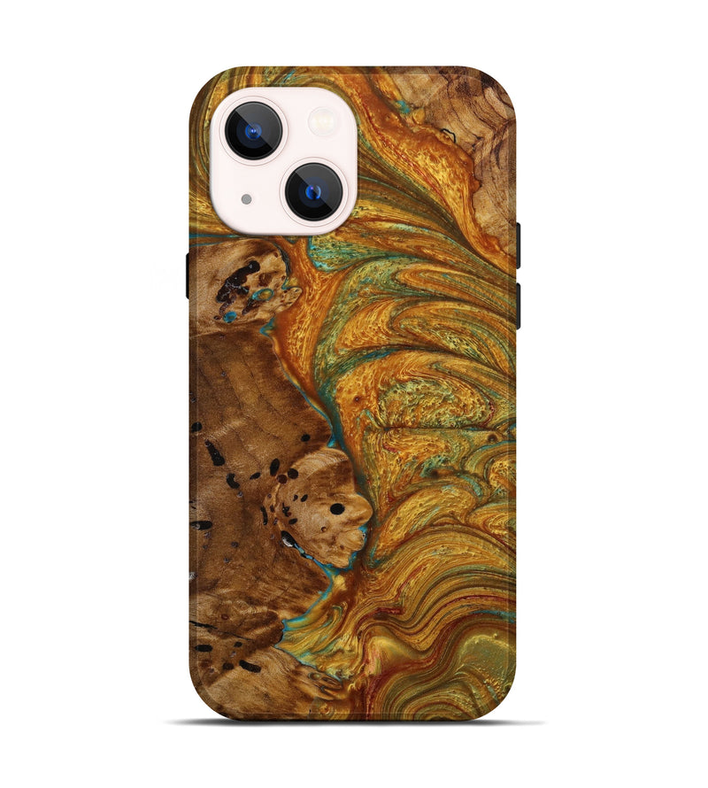 iPhone 14 Wood+Resin Live Edge Phone Case - Isaac (Teal & Gold, 646324)