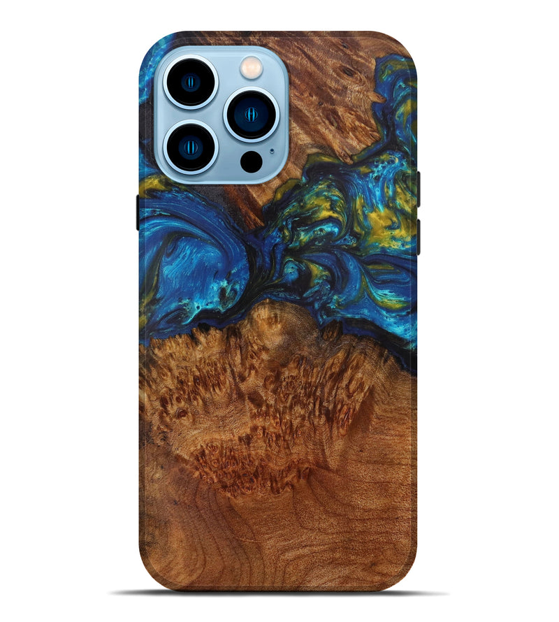 iPhone 14 Pro Max Wood+Resin Live Edge Phone Case - Yvette (Teal & Gold, 610376)