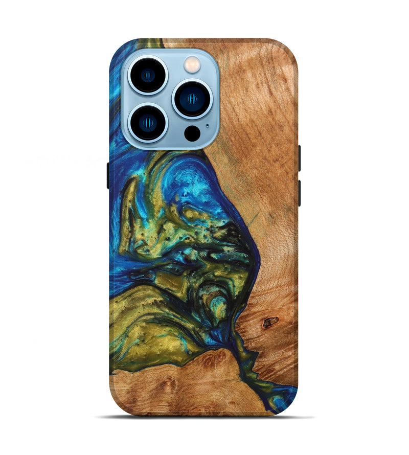 iPhone 14 Pro Wood+Resin Live Edge Phone Case - Journi (Teal & Gold, 621682)