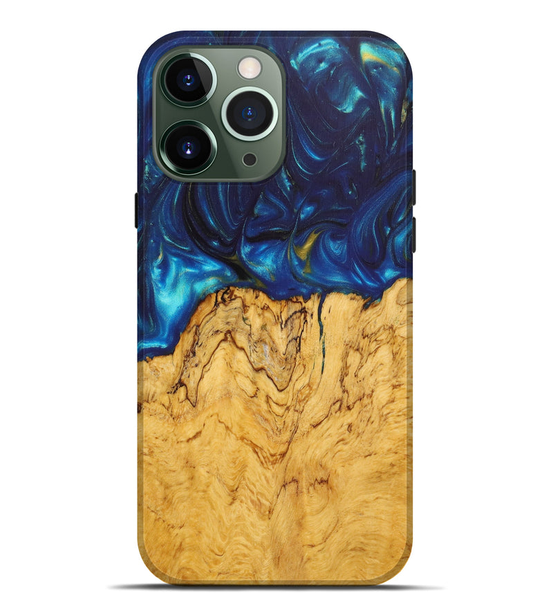 iPhone 13 Pro Max Wood+Resin Live Edge Phone Case - Amaya (Teal & Gold, 637717)