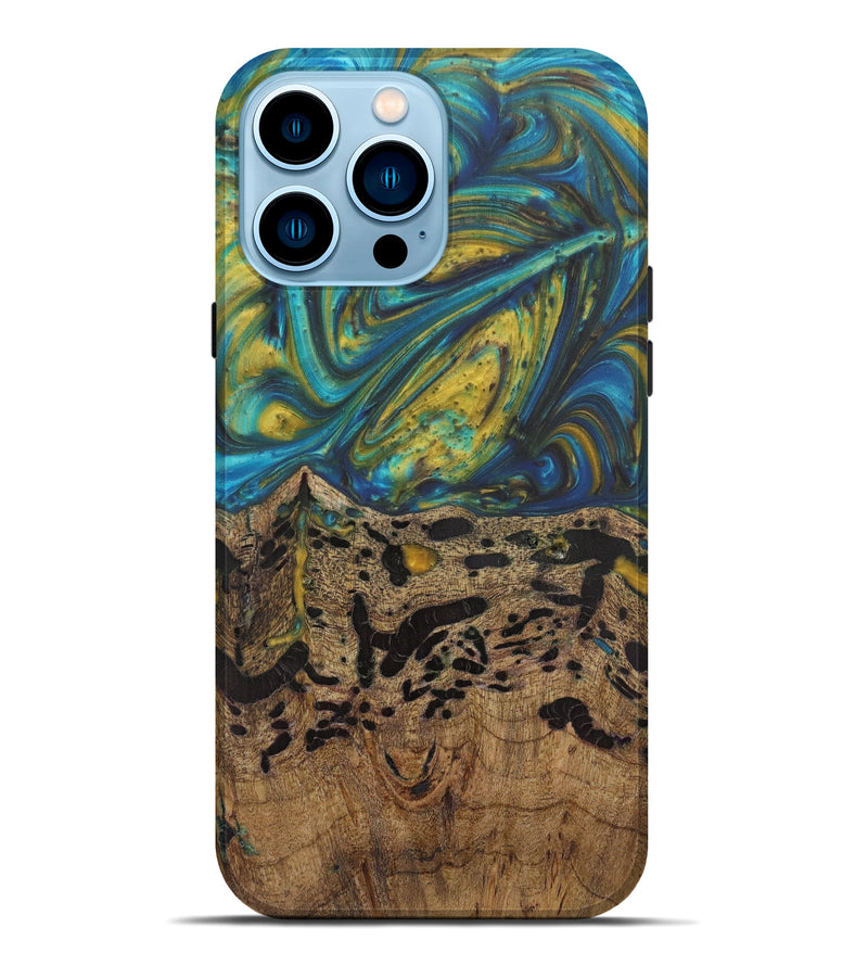 iPhone 14 Pro Max Wood+Resin Live Edge Phone Case - Sukhwant (Teal & Gold, 594793)