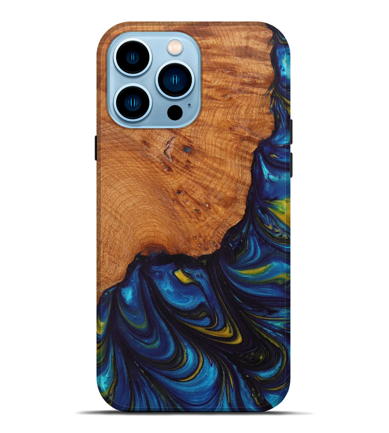 iPhone 14 Pro Max Wood+Resin Live Edge Phone Case - Myla (Teal & Gold, 628979)
