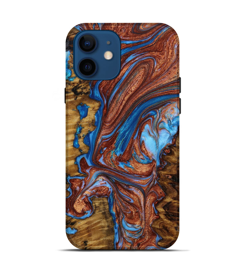 iPhone 12 Wood+Resin Live Edge Phone Case - Robin (Teal & Gold, 643076)