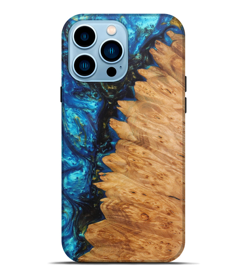 iPhone 14 Pro Max Wood+Resin Live Edge Phone Case - Marylou (Teal & Gold, 596328)