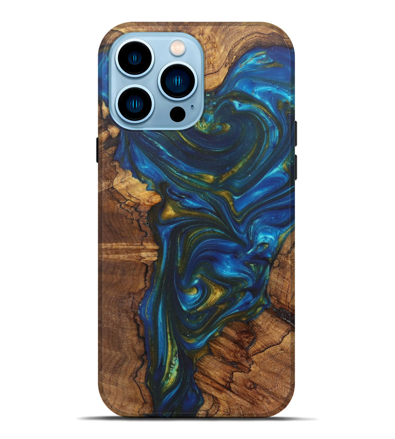 iPhone 14 Pro Max Wood+Resin Live Edge Phone Case - Charlene (Teal & Gold, 604235)