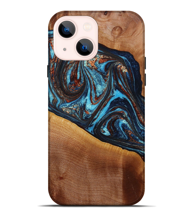 iPhone 14 Plus Wood+Resin Live Edge Phone Case - Beatrice (Teal & Gold, 643460)