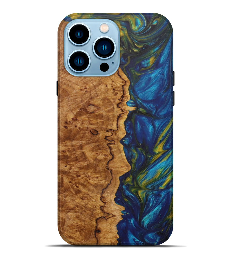 iPhone 14 Pro Max Wood+Resin Live Edge Phone Case - Cinnamon (Teal & Gold, 609970)