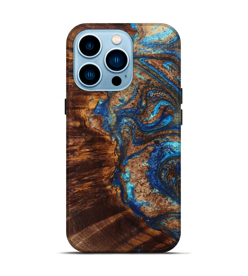 iPhone 14 Pro Wood+Resin Live Edge Phone Case - Kay (Teal & Gold, 636830)