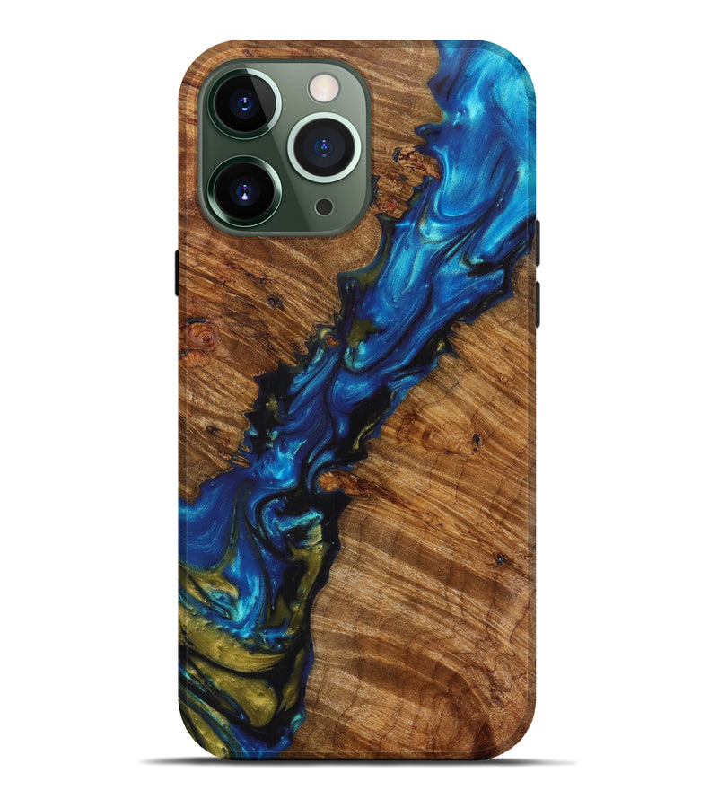 iPhone 13 Pro Max Wood+Resin Live Edge Phone Case - Mechelle (Teal & Gold, 626987)