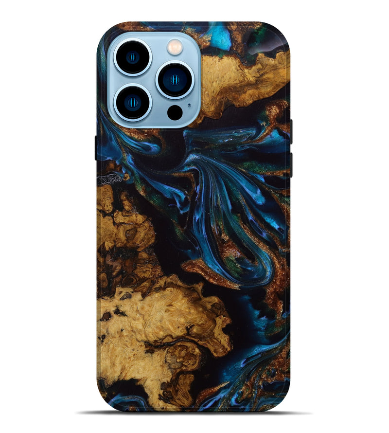 iPhone 14 Pro Max Wood+Resin Live Edge Phone Case - Leonel (Teal & Gold, 645642)