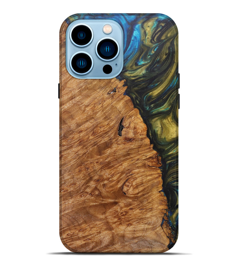iPhone 14 Pro Max Wood+Resin Live Edge Phone Case - Gigi (Teal & Gold, 616896)