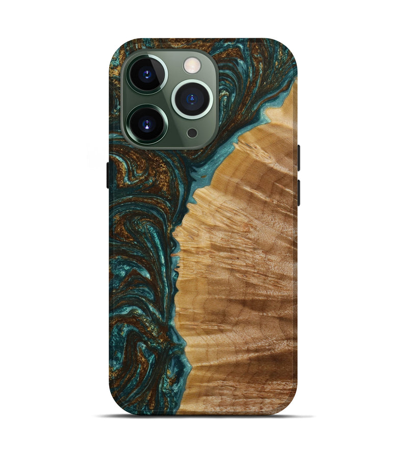 iPhone 13 Pro Wood+Resin Live Edge Phone Case - Alec (Teal & Gold, 646898)
