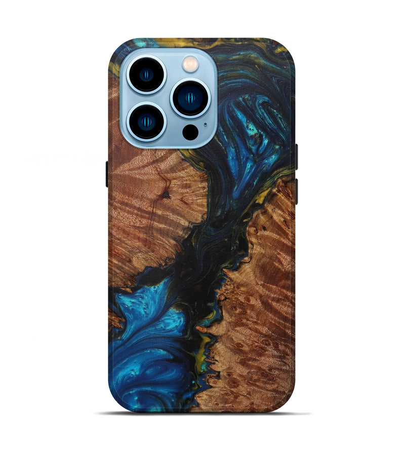 iPhone 14 Pro Wood+Resin Live Edge Phone Case - Rozalie (Teal & Gold, 589802)