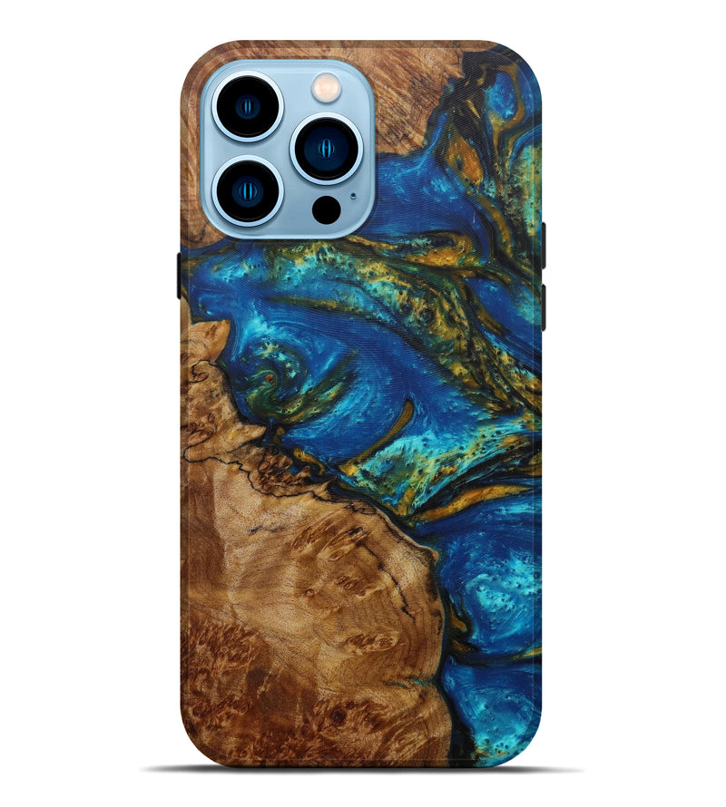 iPhone 14 Pro Max Wood+Resin Live Edge Phone Case - Roly (Teal & Gold, 588727)