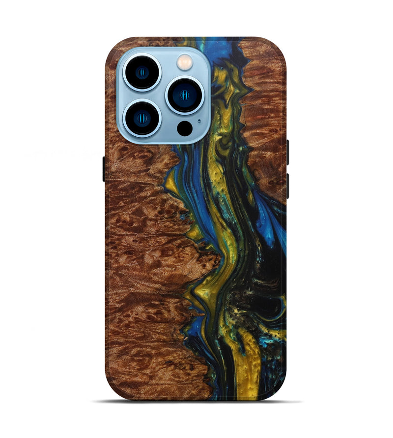 iPhone 14 Pro Wood+Resin Live Edge Phone Case - Dayna (Teal & Gold, 600518)