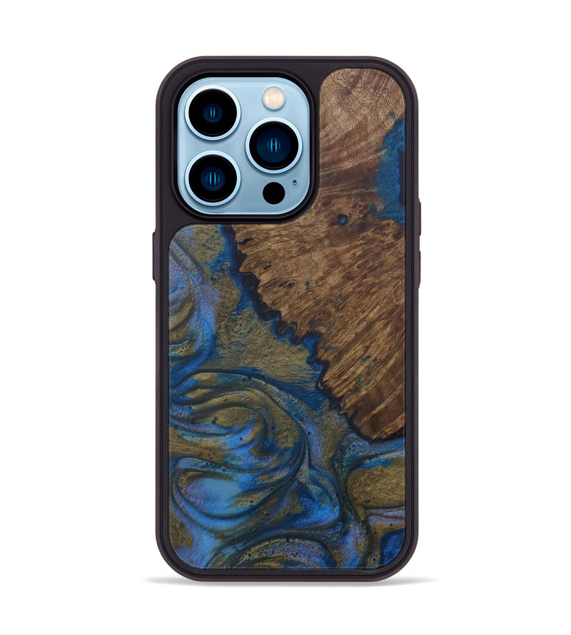 iPhone 14 Pro Wood+Resin Phone Case - Robbie (Teal & Gold, 597433)