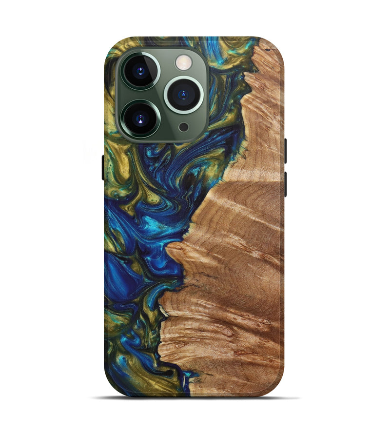 iPhone 13 Pro Wood+Resin Live Edge Phone Case - Cayden (Teal & Gold, 637356)