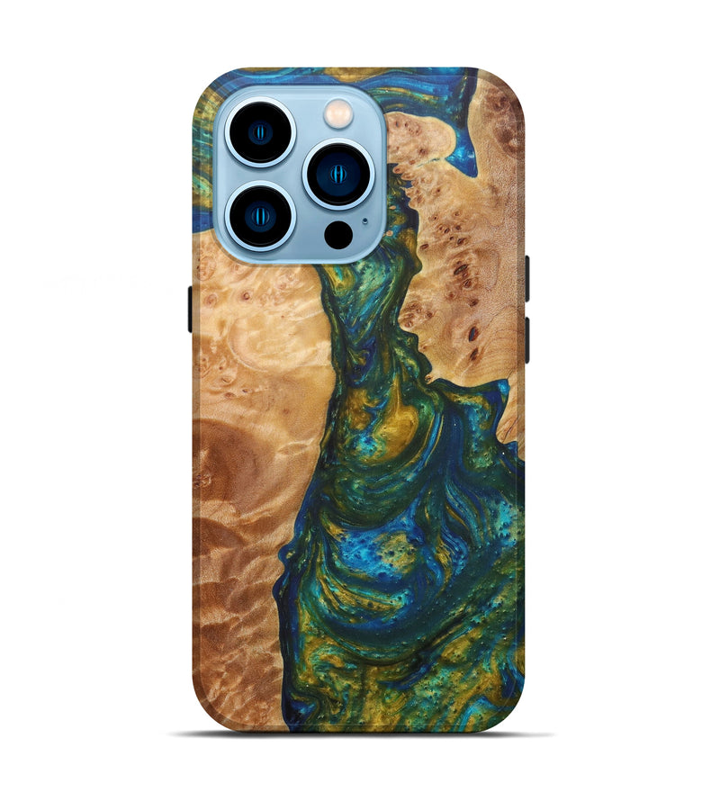 iPhone 14 Pro Wood+Resin Live Edge Phone Case - Rayshell (Teal & Gold, 596324)