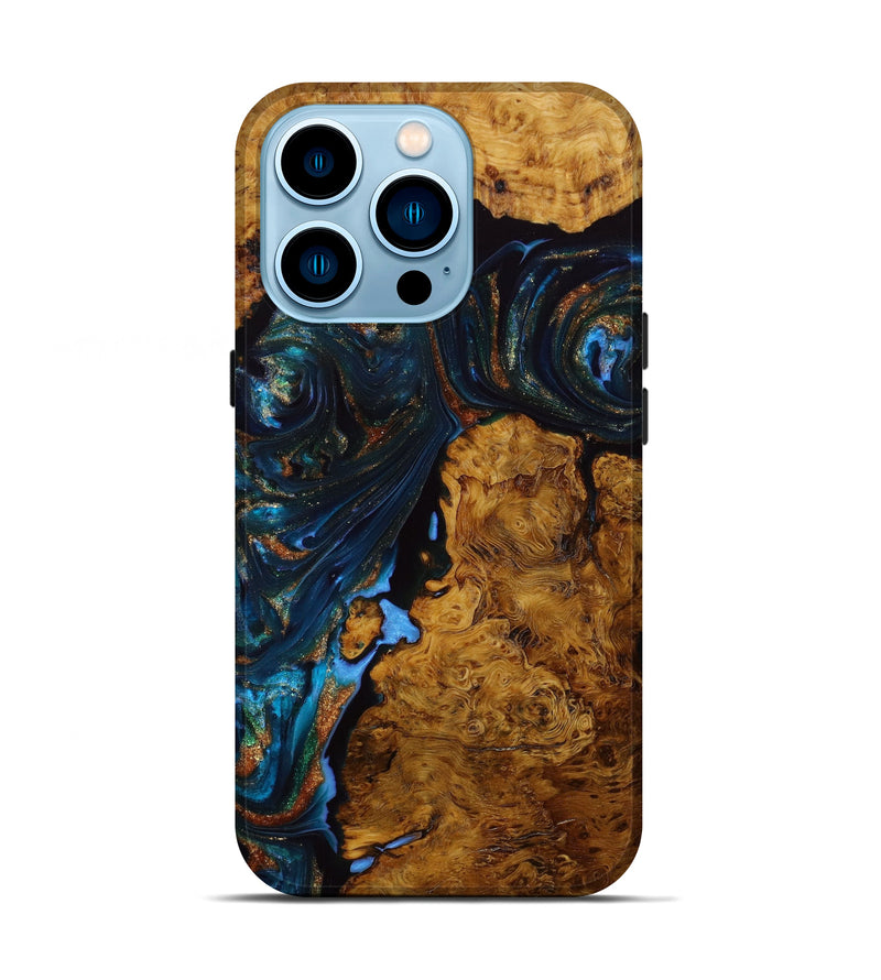 iPhone 14 Pro Wood+Resin Live Edge Phone Case - Cortney (Teal & Gold, 646735)