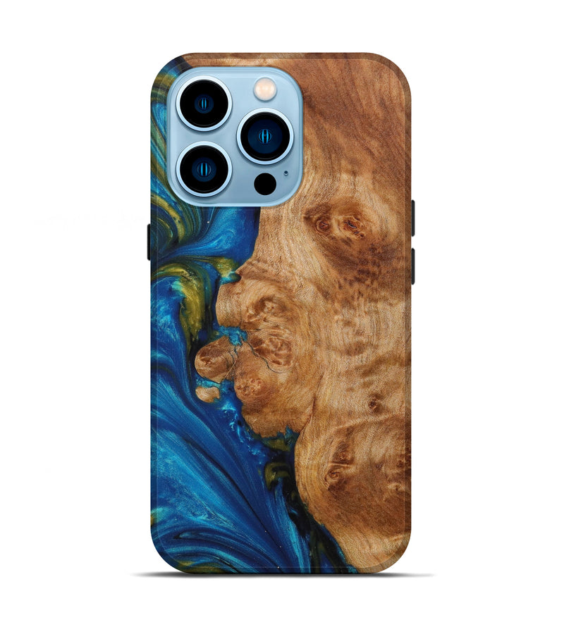 iPhone 14 Pro Wood+Resin Live Edge Phone Case - Miriah (Teal & Gold, 614970)