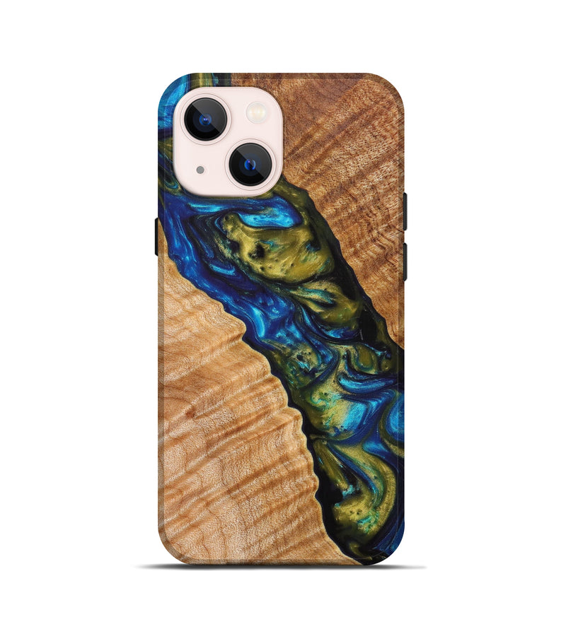 iPhone 13 mini Wood+Resin Live Edge Phone Case - Rylie (Teal & Gold, 628976)