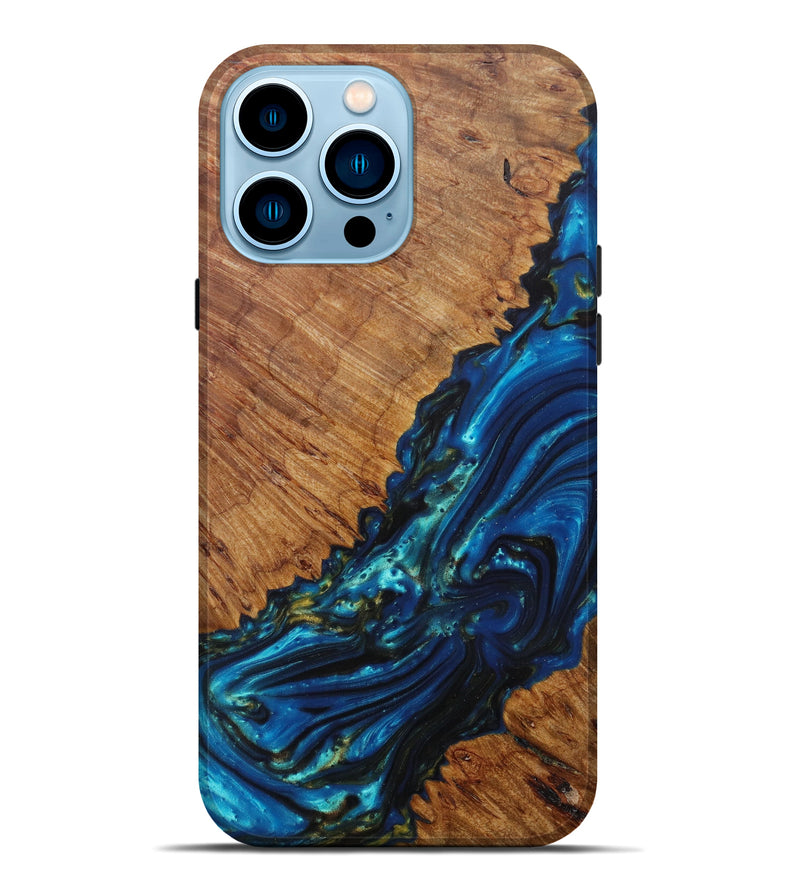 iPhone 14 Pro Max Wood+Resin Live Edge Phone Case - Andra (Teal & Gold, 600517)