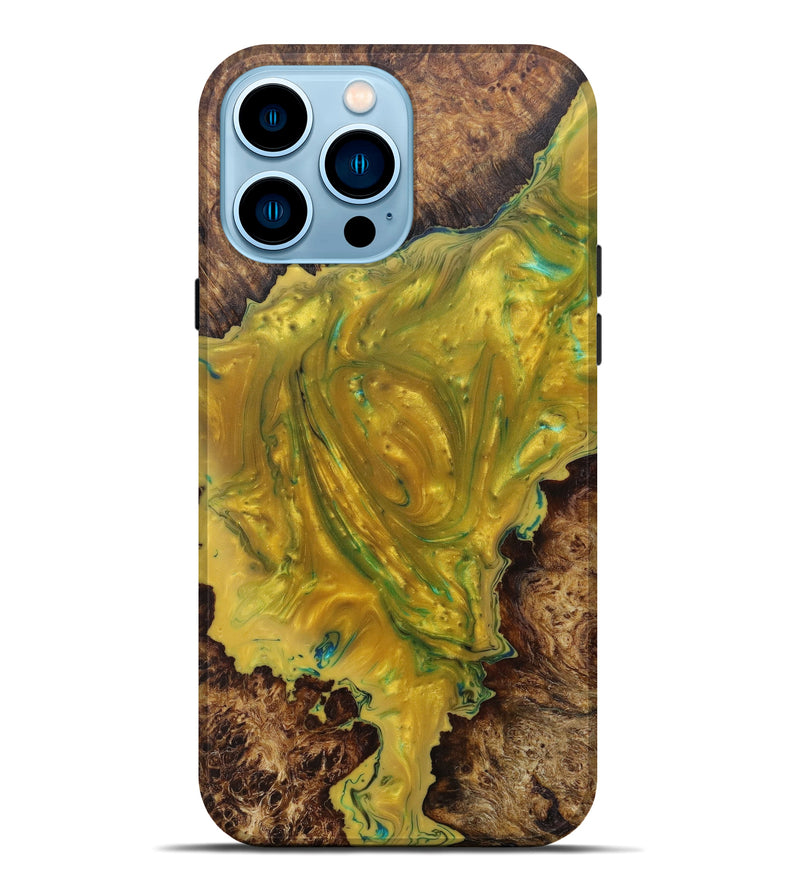 iPhone 14 Pro Max Wood+Resin Live Edge Phone Case - Zandra (Teal & Gold, 600522)