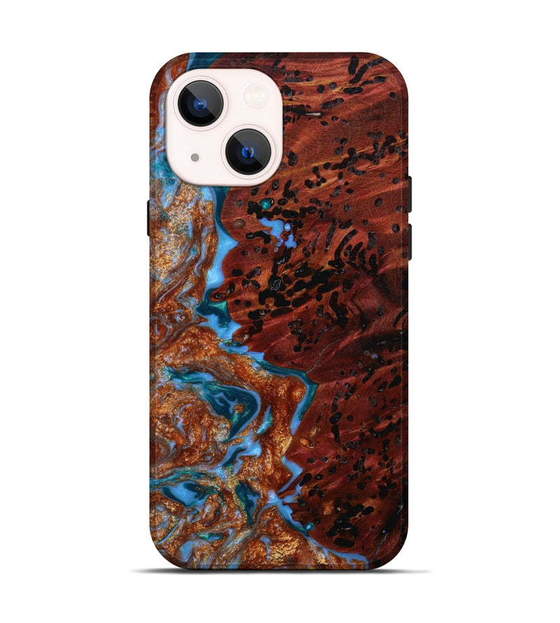 iPhone 14 Wood+Resin Live Edge Phone Case - Sonya (Teal & Gold, 646737)