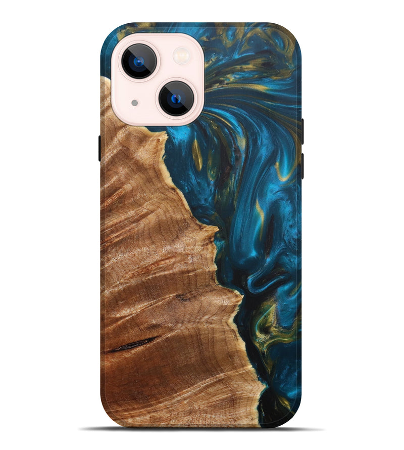 iPhone 14 Plus Wood+Resin Live Edge Phone Case - Marlon (Teal & Gold, 635960)