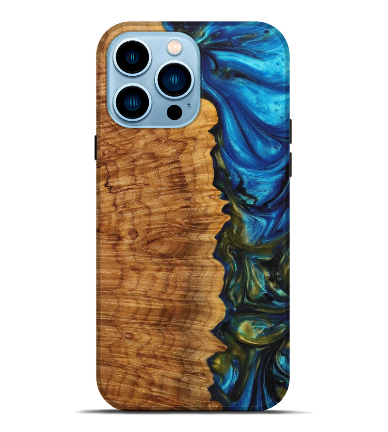 iPhone 14 Pro Max Wood+Resin Live Edge Phone Case - Lendon (Teal & Gold, 633141)