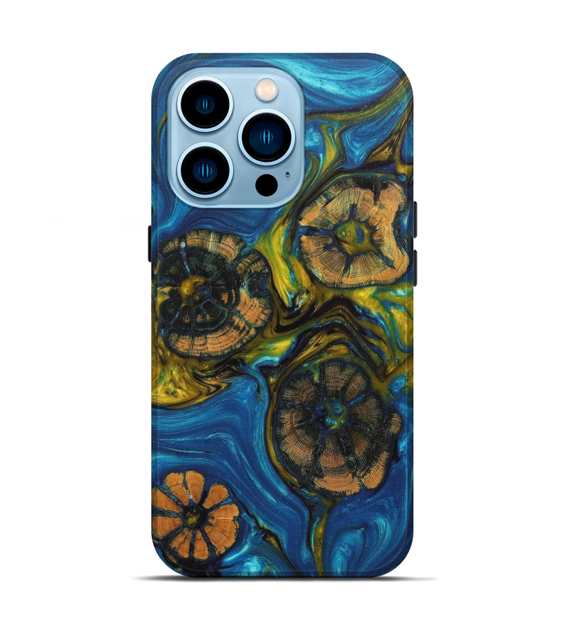 iPhone 14 Pro Wood+Resin Live Edge Phone Case - Randolph (Teal & Gold, 603726)