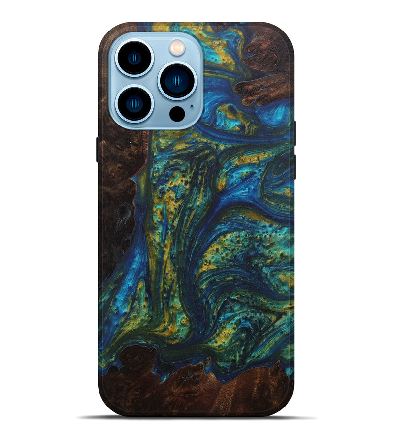 iPhone 14 Pro Max Wood+Resin Live Edge Phone Case - Ghislaine (Teal & Gold, 594853)