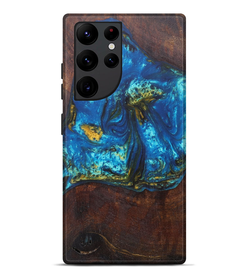 Galaxy S22 Ultra Wood+Resin Live Edge Phone Case - Pansie (Teal & Gold, 607111)