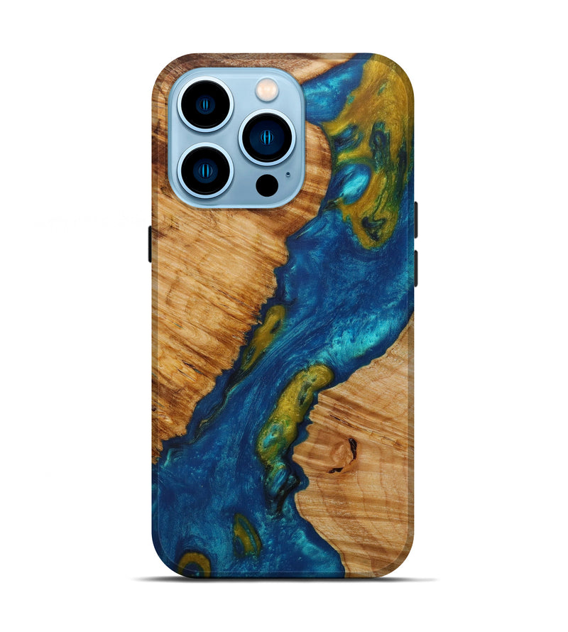 iPhone 14 Pro Wood+Resin Live Edge Phone Case - Howden (Teal & Gold, 585559)