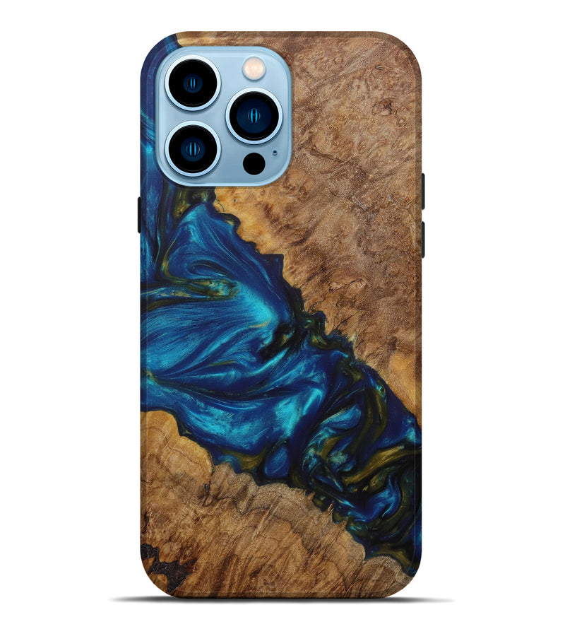 iPhone 14 Pro Max Wood+Resin Live Edge Phone Case - Xena (Teal & Gold, 619540)