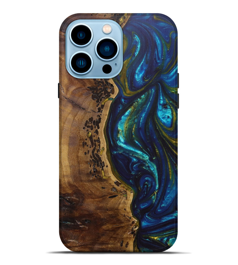 iPhone 14 Pro Max Wood+Resin Live Edge Phone Case - Holly (Teal & Gold, 596307)
