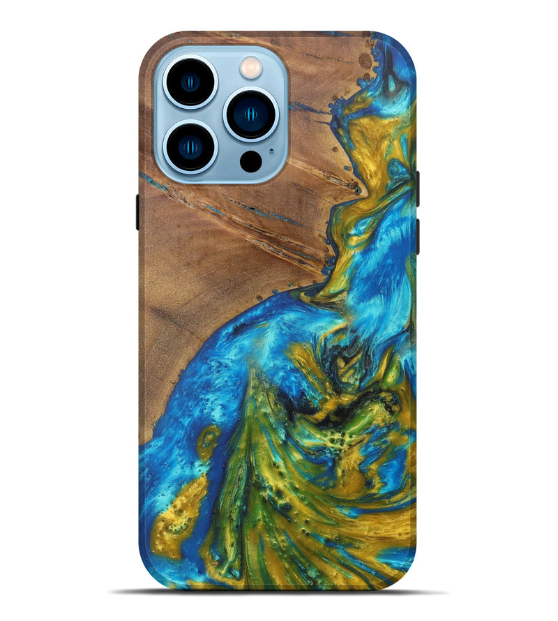 iPhone 14 Pro Max Wood+Resin Live Edge Phone Case - Gene (Teal & Gold, 606800)