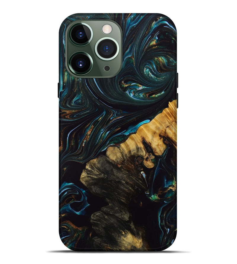 iPhone 13 Pro Max Wood+Resin Live Edge Phone Case - Theresa (Teal & Gold, 645980)