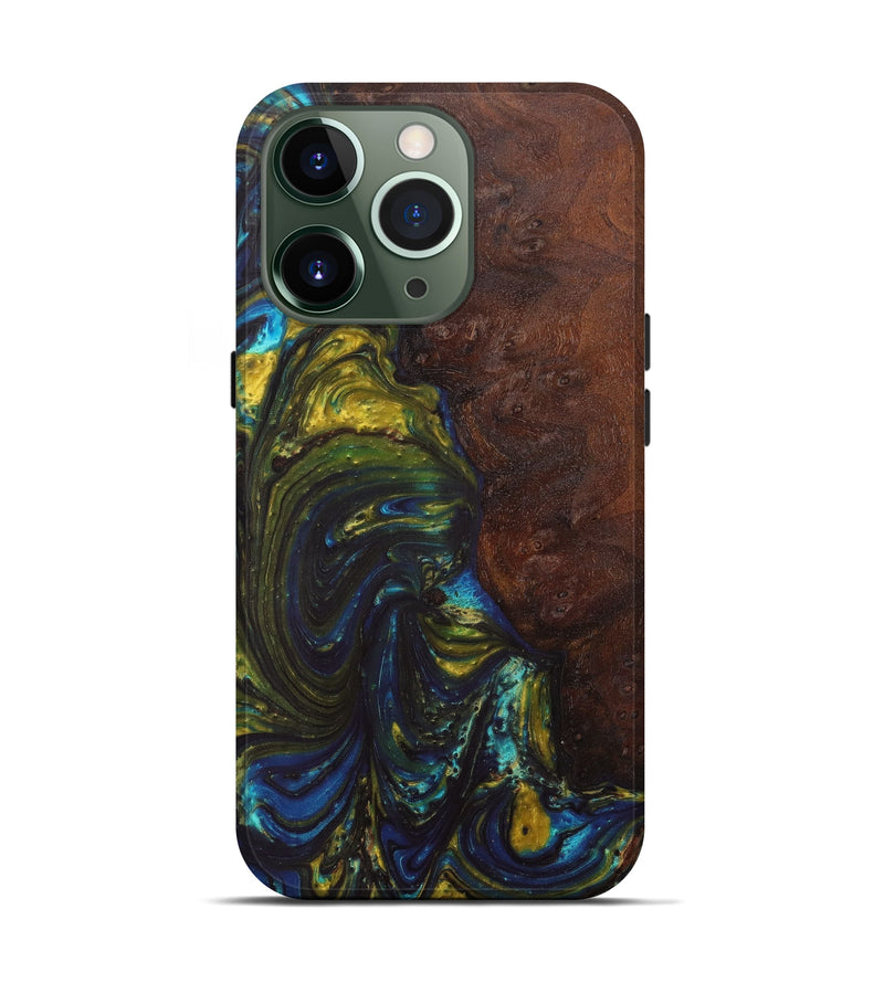 iPhone 13 Pro Wood+Resin Live Edge Phone Case - Leonor (Teal & Gold, 604297)