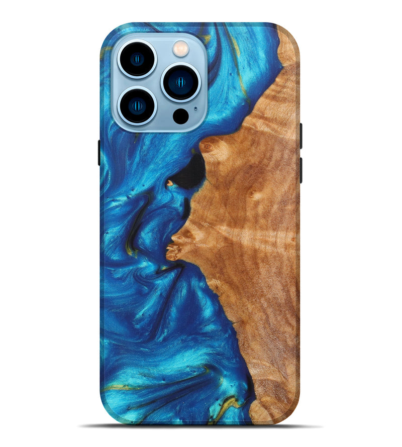 iPhone 14 Pro Max Wood+Resin Live Edge Phone Case - Dusty (Teal & Gold, 615828)