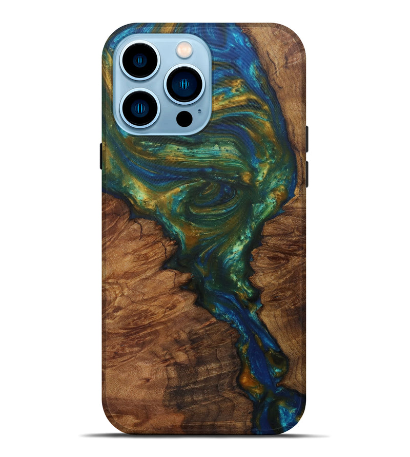 iPhone 14 Pro Max Wood+Resin Live Edge Phone Case - Chantal (Teal & Gold, 588716)