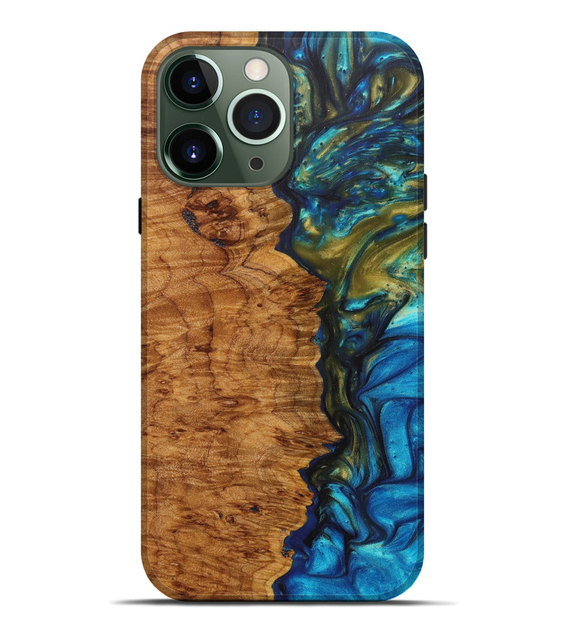 iPhone 13 Pro Max Wood+Resin Live Edge Phone Case - Loren (Teal & Gold, 626976)