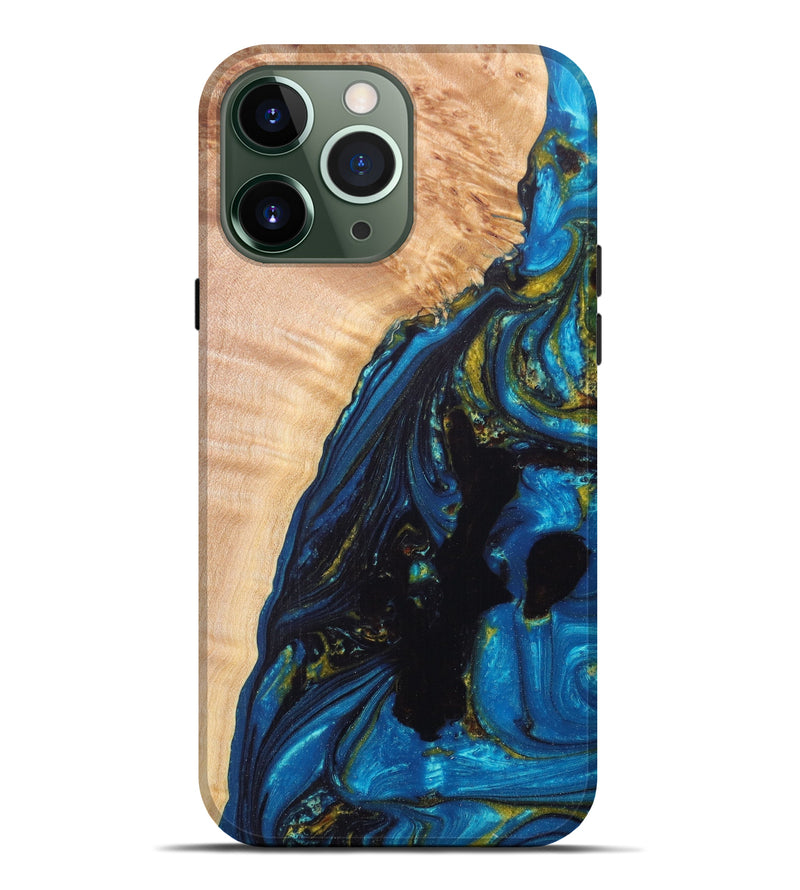 iPhone 13 Pro Max Wood+Resin Live Edge Phone Case - Humphrey (Teal & Gold, 606821)